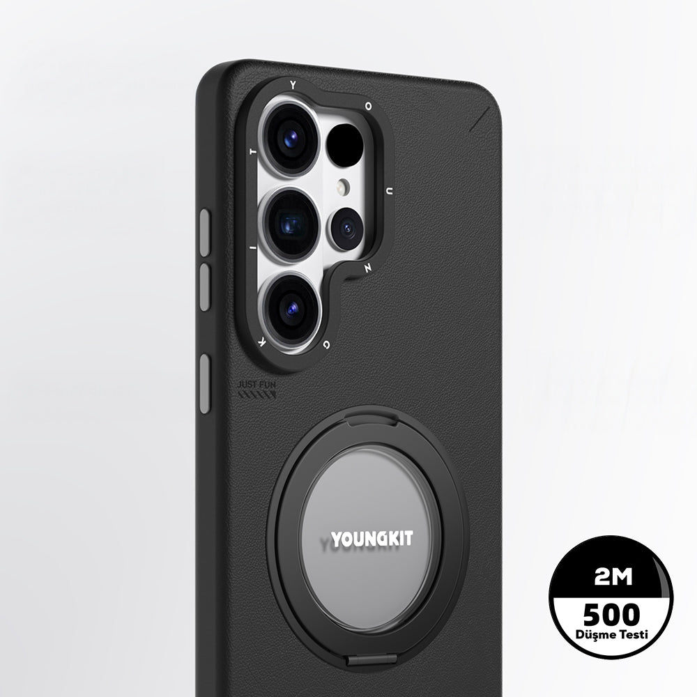 Galaxy S26 Ultra Kılıf M-safe Uyumlu 360 Standlı Mat Deri Desenli Youngkit Tech Leather Kapak Siyah