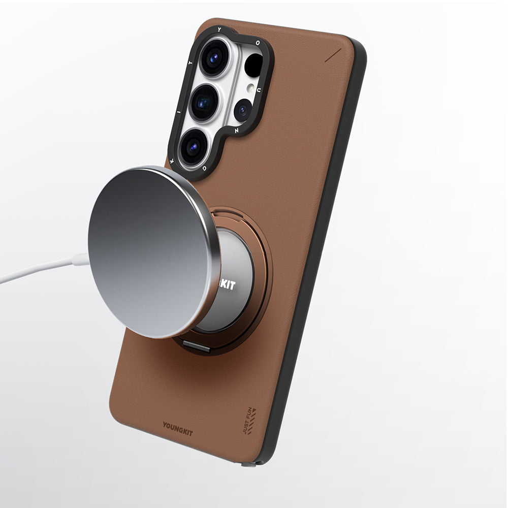 Galaxy S26 Ultra Kılıf M-safe Uyumlu 360 Standlı Mat Deri Desenli Youngkit Tech Leather Kapak Kahve