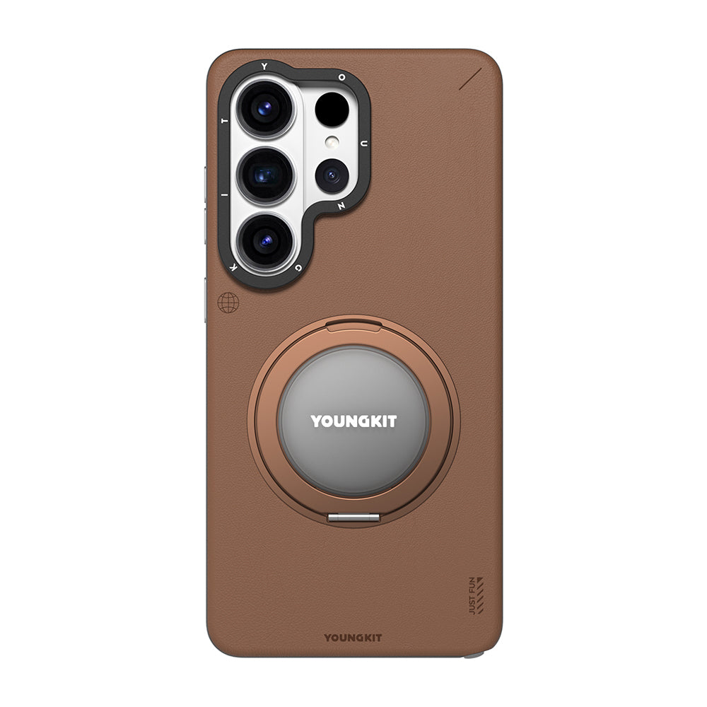 Galaxy S26 Ultra Kılıf M-safe Uyumlu 360 Standlı Mat Deri Desenli Youngkit Tech Leather Kapak Kahve