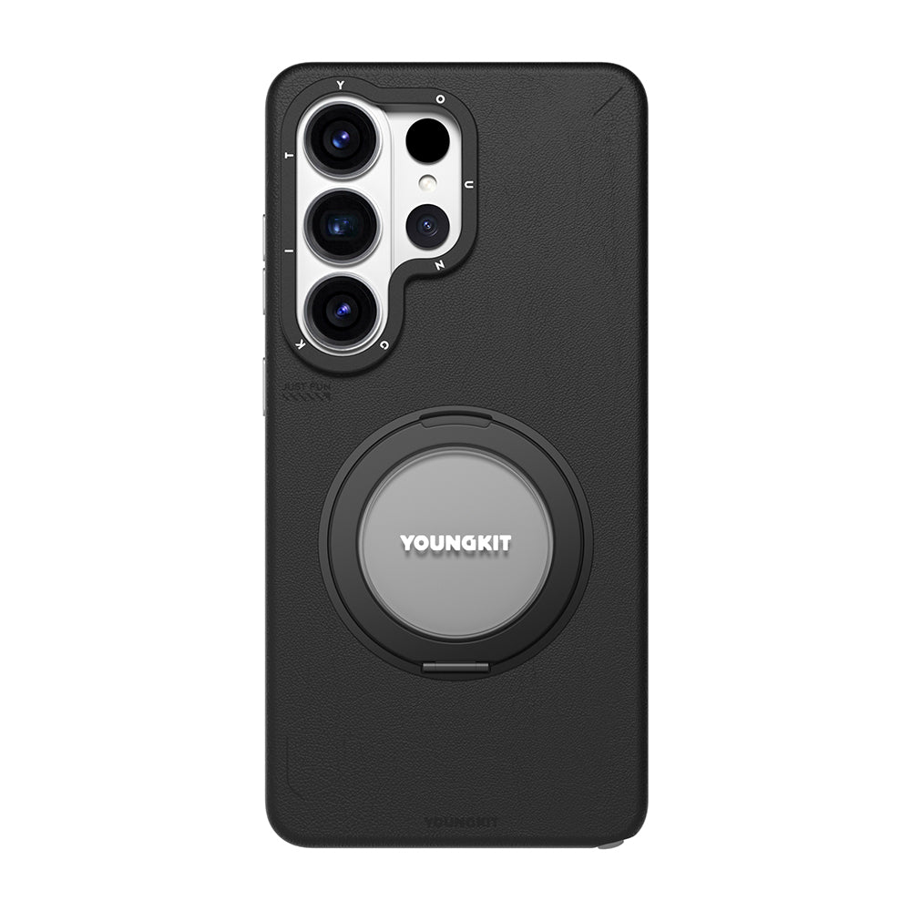 Galaxy S26 Ultra Kılıf M-safe Uyumlu 360 Standlı Mat Deri Desenli Youngkit Tech Leather Kapak Siyah